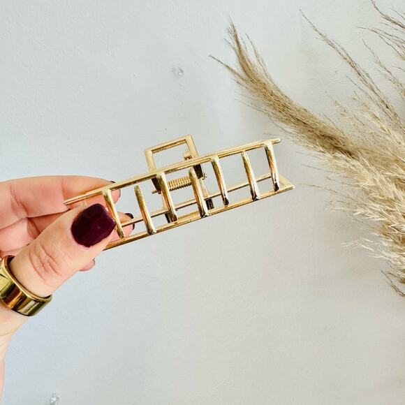 NEW ANTHROPOLOGIE Jumbo XL Rectangular Open Gold Metal Hair Claw Clip Set Duo 2 - Picture 10 of 11